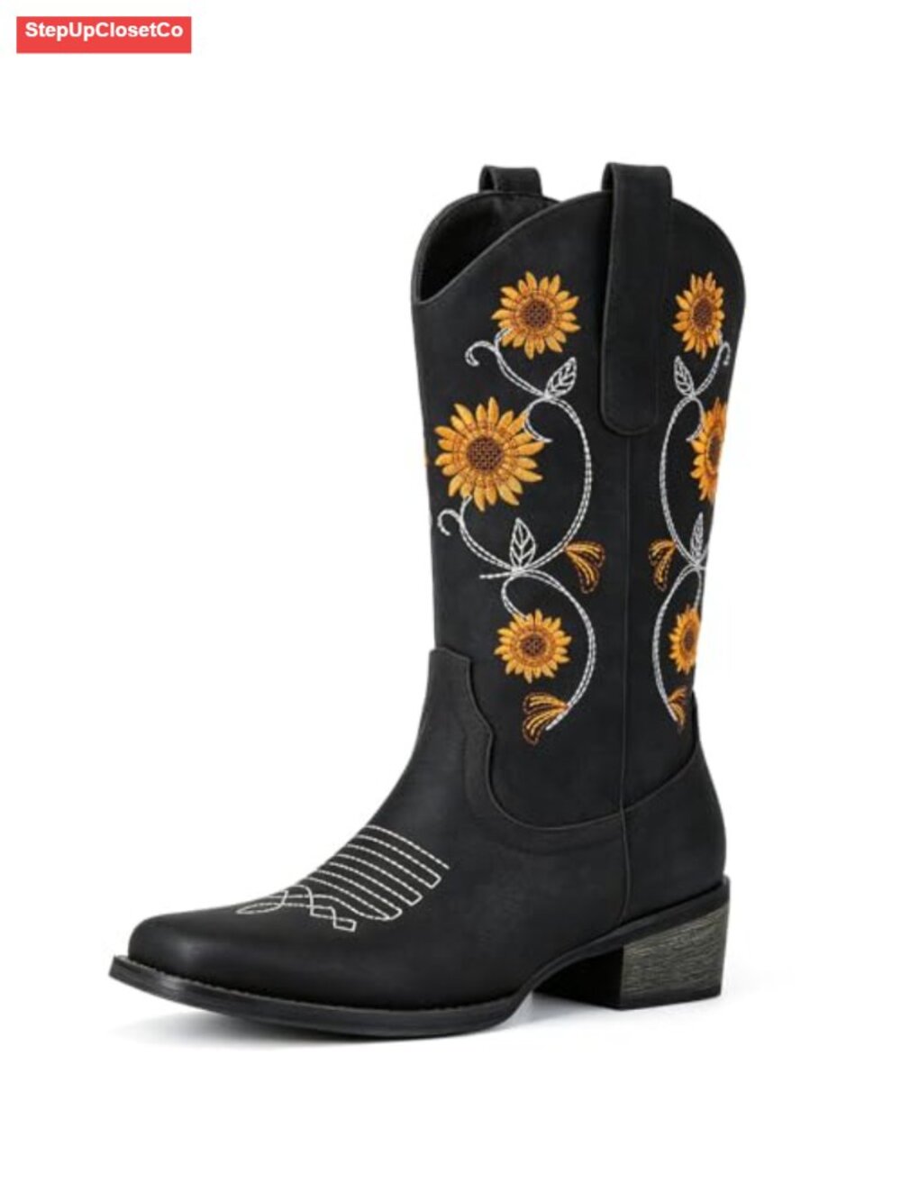 Faux Leather Western Cowgirl Boots Sunflower Embroidered Square Toe Mid Calf